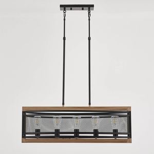 LumenSphere Valla 5-Light Retro Iron Pendant - Black Finish, Wood Accents, E27 Base