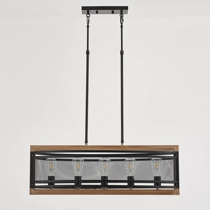 LumenSphere Valla 5-Light Retro Iron Pendant - Black Finish, Wood Accents, E27 Base