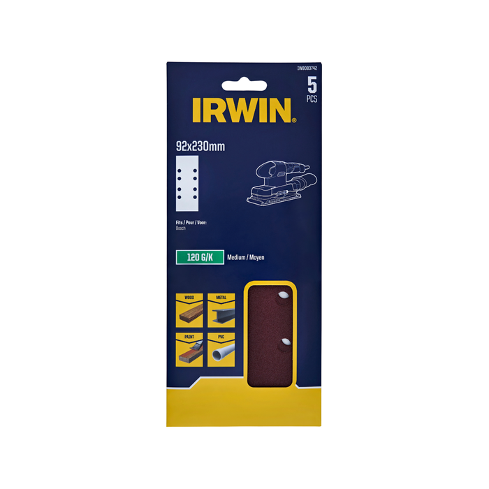 IRWIN 92 x 230mm 120 Grit 8 Holes 1/3 Punched Sand Sheets - 5 Pack