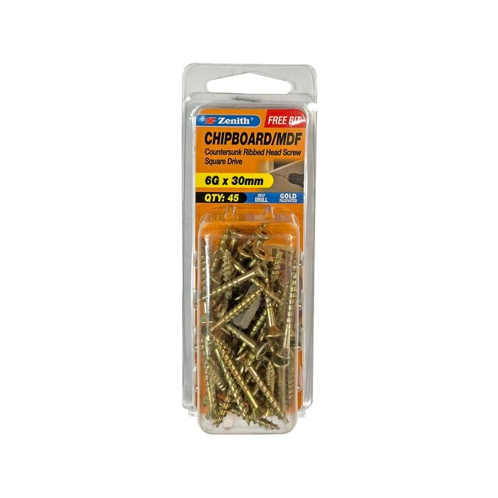 Zenith 6G x 30mm Gold Passivated Square Drive Chipboard Screw - 45 Pack