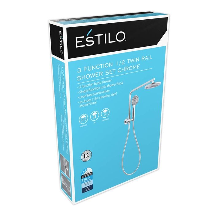 Estilo WELS 3 Star 9L/min Chrome 3 Function 1/2 Twin Rail Shower Set