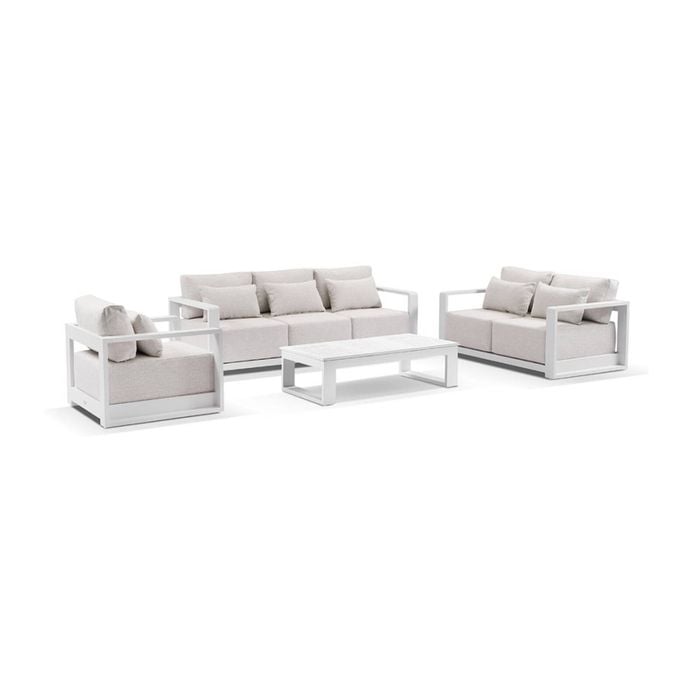 Whitehaven 3+2+1 Seater Outdoor Aluminium Lounge Set White With Santorini Coffee Table & Sandstone Cushions