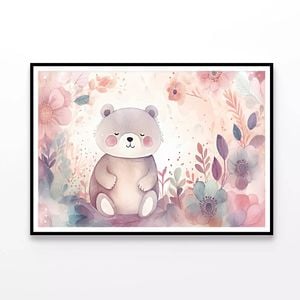 Happy Baby Bear & Flowers  Print 100% Australian Made 90x60cm  (Poster)