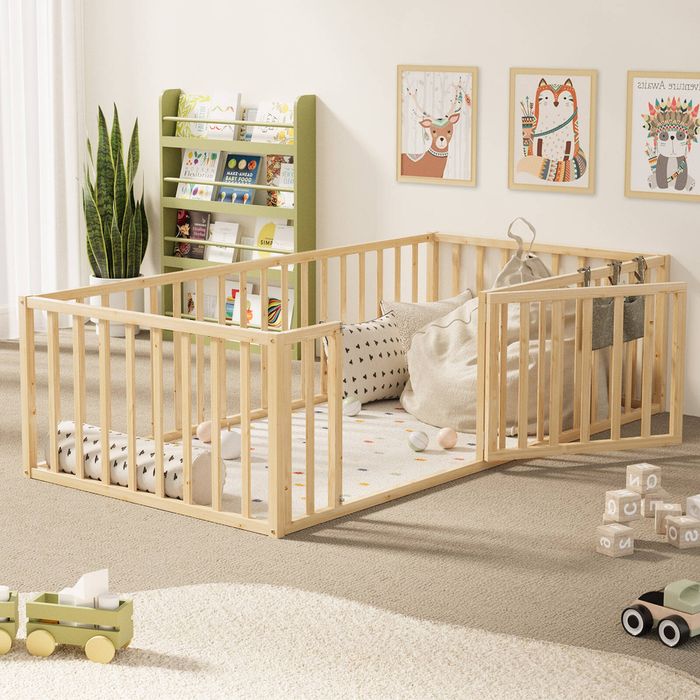 Oikiture 2-in-1 Kids Bed Play Centre Fence Gate Single Wood
