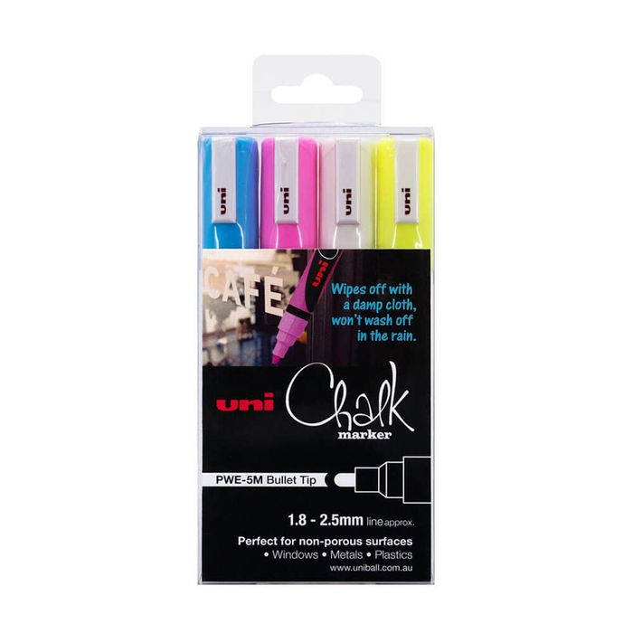 Uni Chalk Marker 1.8x2.5mm Bullet Tip Assorted (4Pk)