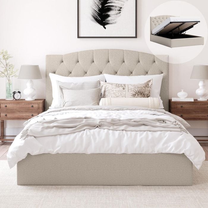 Charlotte Double Beige Gas Lift Storage Curved Bed Frame