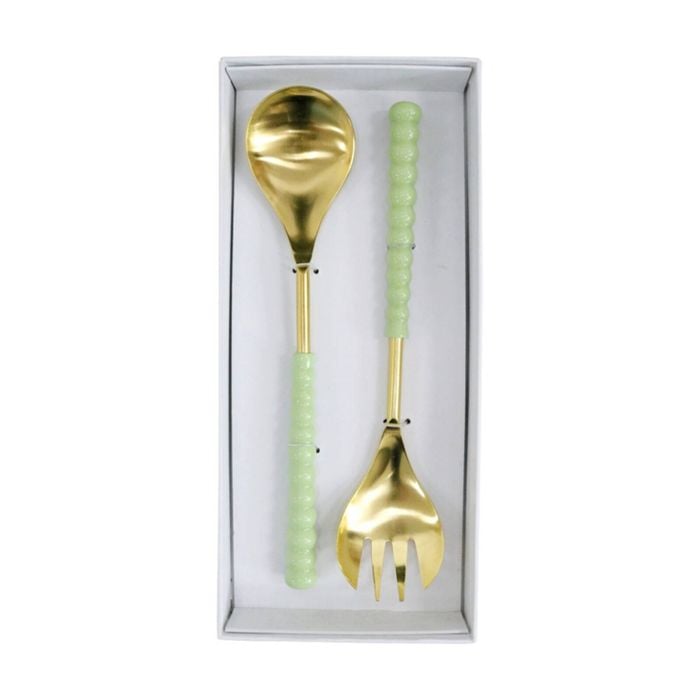 2pc Lvd Handcrafted Ceyladon Metal Salad Server/utensil Set 30cm Gold/green