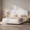 Advwin Queen Size Bed Frame, Teddy Fleece Curved Shaped Upholstered Headboard LED Lights Dual Charging Ports White