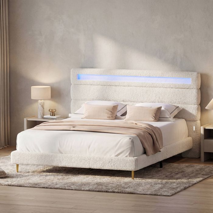 Advwin Queen Size Bed Frame, Teddy Fleece Curved Shaped Upholstered Headboard LED Lights Dual Charging Ports White