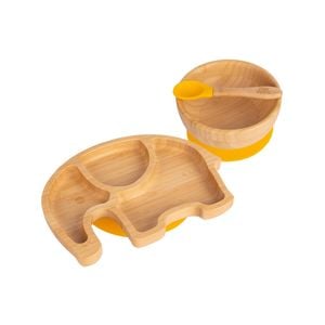 Tiny Dining Children's Bamboo Elephant Plate, Bowl and Spoon with Suction Cups - Segmented Design, - Yellow