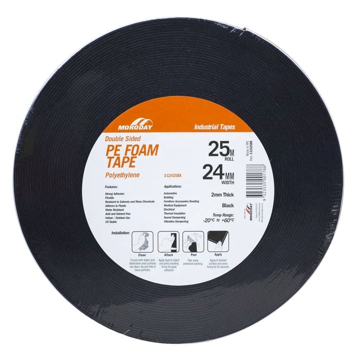 Moroday 24mm x 25m Black Double Sided PE Foam Tape
