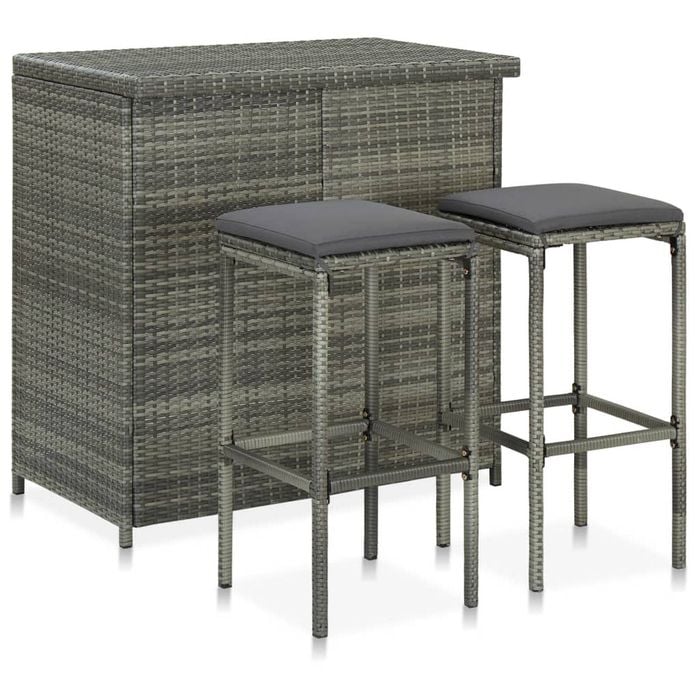 vidaXL Bar Set 3 Piece Poly Rattan Grey Table and Chair Kitchen Furniture