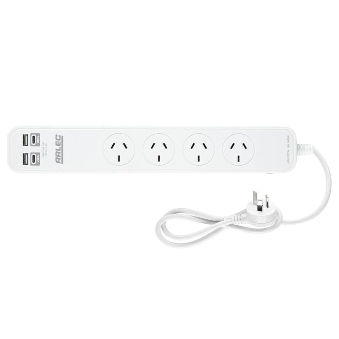 Arlec White 4 Outlet Powerboard With USB 2A And 2C Charging Ports