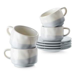 DOWAN Espresso Cups with Saucers, 3 oz Set of 4, Blue & White