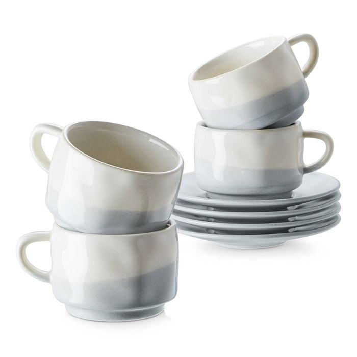 DOWAN Espresso Cups with Saucers, 3 oz Set of 4, Blue & White