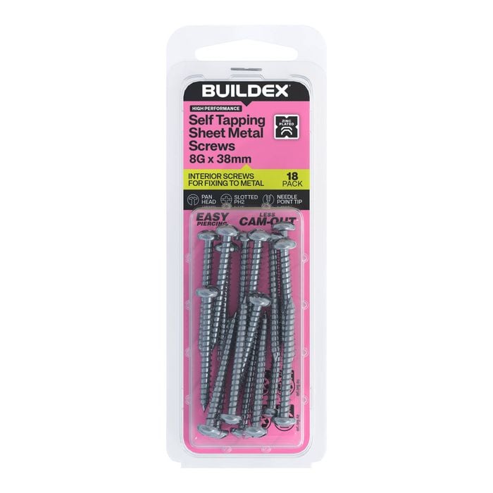 Buildex 8G x 38mm Zinc Plated Self Tapping Sheet Metal Screws - 18 Pack