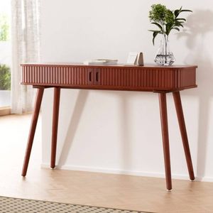 HOMFURN Fluted Console Table with Sliding Doors, Pinewood Legs, 60kg Capacity, Walnut Entryway & Hallway Furniture