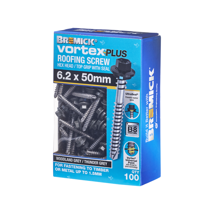 Bremick Vortex Plus Roofing Screw 6.2 x 50mm HEX B8 WG BOX 100