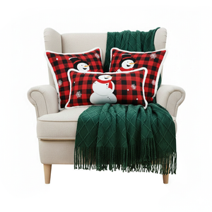 SOGA Green Knitted Throw Blanket With Red Snowman Pillows Christmas Bundle