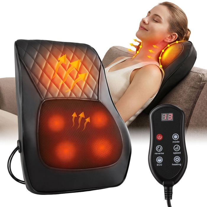 Livemor Neck & Back Massager Pillow With Heat, Ergonomic Backrest & Traction For Pain Relief