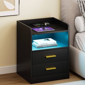 Advwin Bedside Table 2 Drawers LED Nightstand Wireless Charging Station Smart Control Black