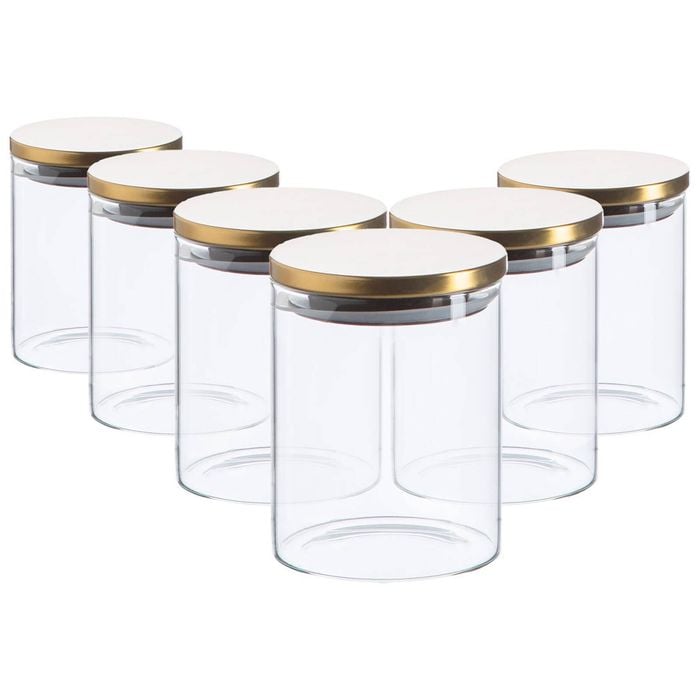 Argon Tableware Glass Storage Jar - Gold Lid - 750ml - Modern Round Scandi Organisation Container Glass Jar - Set Of 6