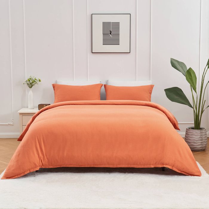 LINENOVA Cotton Waffle Duvet Doona Quilt Cover Set - Queen,Rust