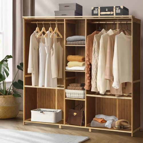 Oikiture Open Wardrobe Clothes Storage Stand Hanging Rail Bamboo Cupboard Bunnings Australia