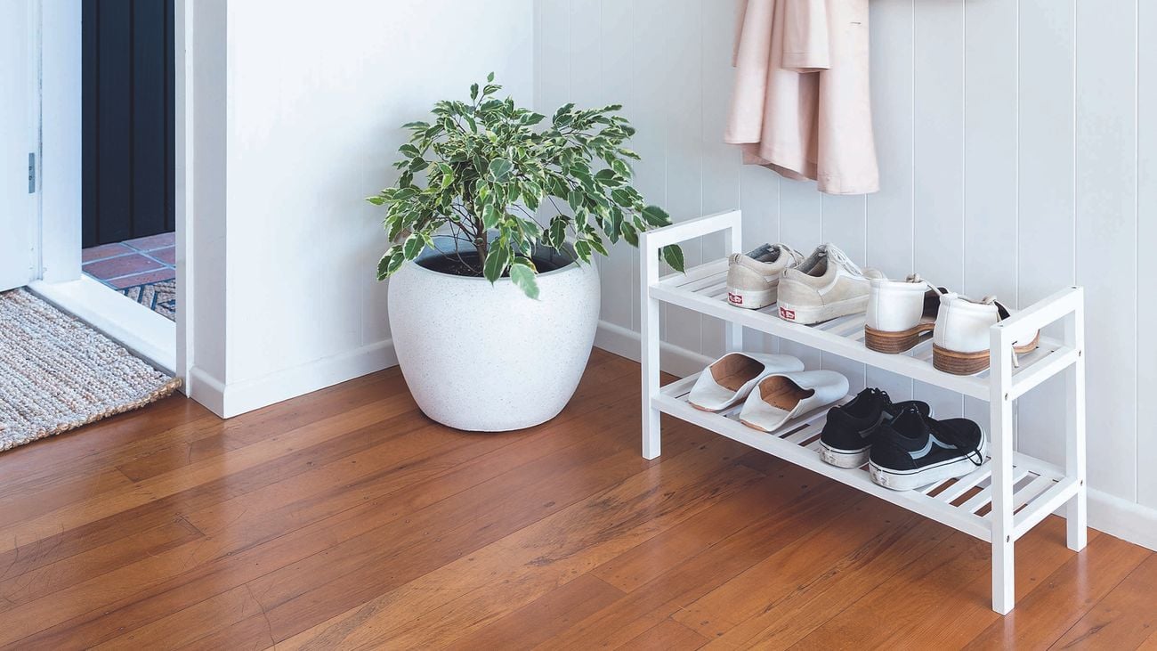 Shoes, neatly placed on a shoe rack on top of a timber floor