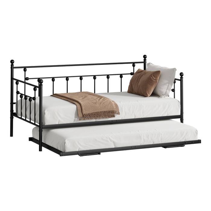 Oikiture Trundle Bed Frame Daybed Single Size Base Metal 2x Single Beds Black