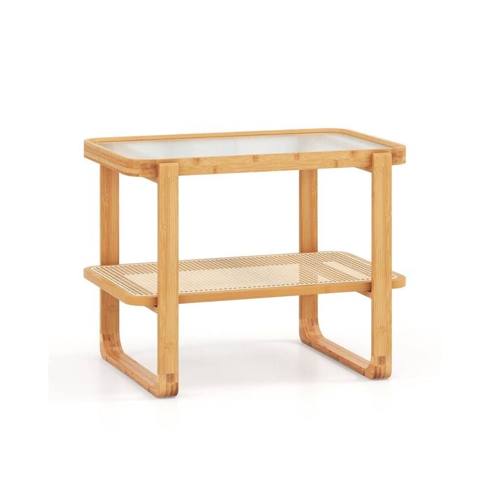 Costway 2-tier Bamboo Bedside Table Compact End Table Sofa Side Table W/glass Tabletop & Rattan Shelf Natural