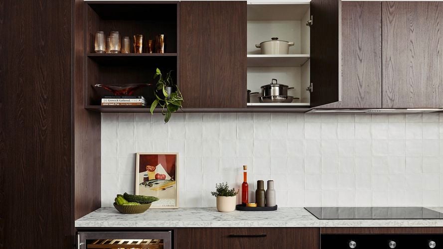 Open kitchen cupboards in modern truffle kitchen