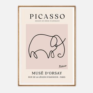 Galrie Picasso Minimalist Elephant Art Print - Iconic Line Drawing for Home Decor, Wood Frame, A1 60 x 84cm (23 x 33inch)