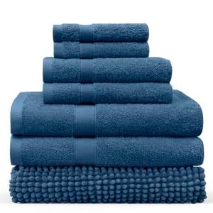 LINENOVA 7 Pieces Cotton Towels Bath Towel Hand Washer Face Cloth Bath Mat Set - Navy