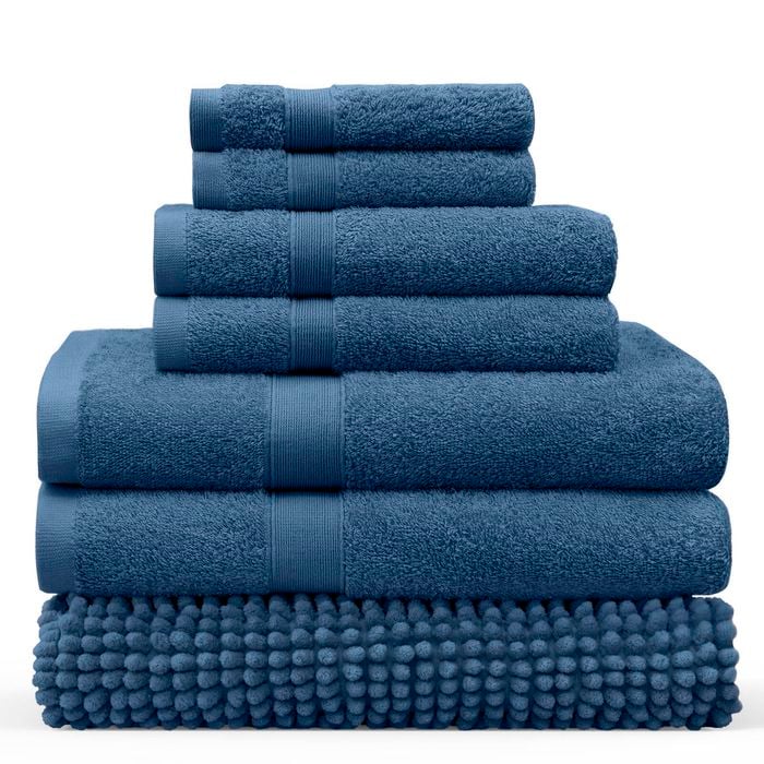 LINENOVA 7 Pieces Cotton Towels Bath Towel Hand Washer Face Cloth Bath Mat Set - Navy