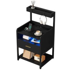 Advwin Bedside Table With Charging Station And Led Lights 1 Drawer And Top Storage Groove Black
