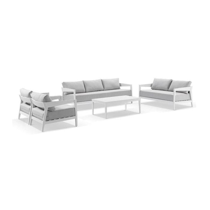 Bronte 3+2+1+1 Outdoor Aluminium Lounge Setting White With Coffee Table & Textured Olefin Grey Cushions