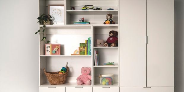 Storage and shelving unit with kids toys and books.