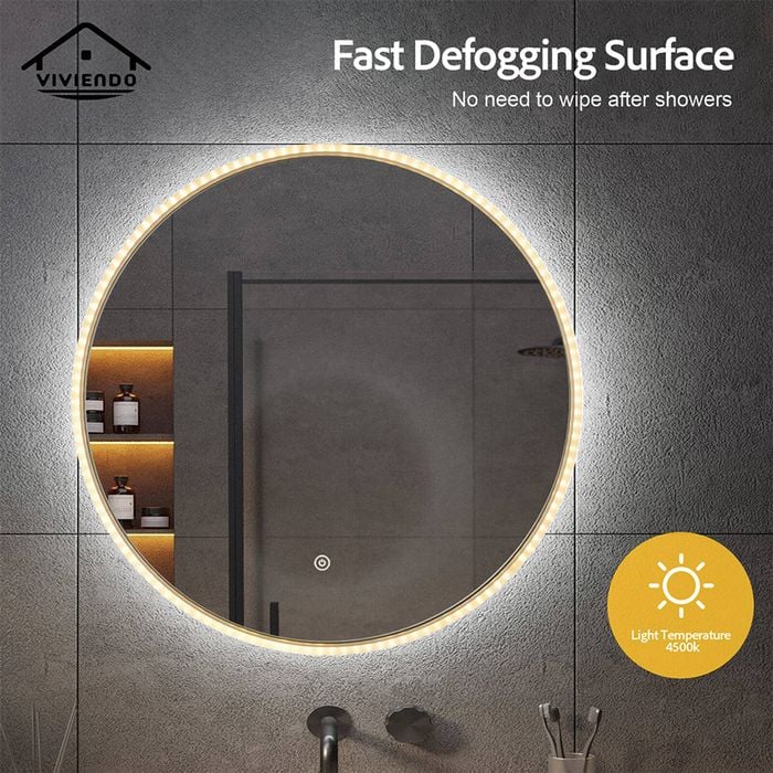 Viviendo 70cm Round LED Wall Mirror Anti-fog Vanity Bathroom Mirrors ...