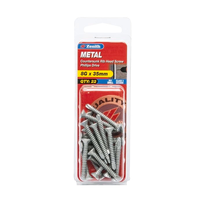 Zenith 8G x 35mm Galvanised Countersunk Rib Head Metal Screws - 22 Pack