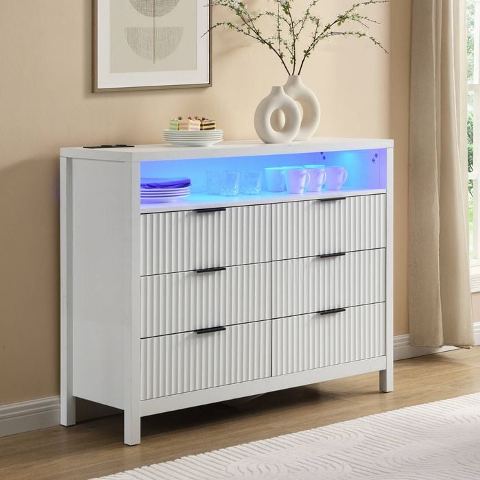 HOMFURN White Dresser for Bedroom with 6 Drawers, Modern Dresser for Closet with Power Outlet and LED Lights, Wooden Chest of Dr