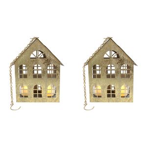 2PK LVD Metal Xmas House Candle Holder Hanging Home Display Decor 27x12cm Gold