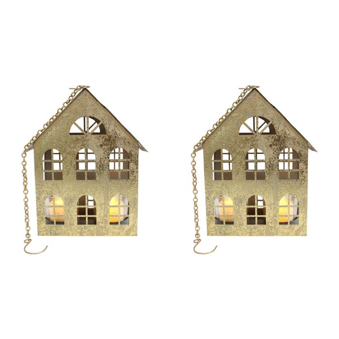 2PK LVD Metal Xmas House Candle Holder Hanging Home Display Decor 27x12cm Gold