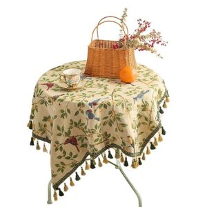 Catzon Square Jacquard TKhaki ablecloth with Tassels Vintage Birds Pattern-140X140cm