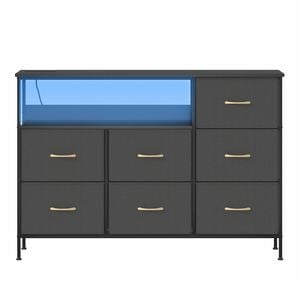 Ufurniture LED Chest of 7 Drawers Storage Cabinet with Power Outlets & USB Charging Station & Open Shelf Black