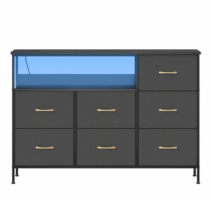 Ufurniture LED Chest of 7 Drawers Storage Cabinet with Power Outlets & USB Charging Station & Open Shelf Black
