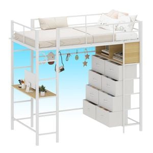 Ufurniture Loft Bed with Power Outlet, Single LED Bunk Bed with Desk & Storage, Heavy Duty Metal Bed Frame, White
