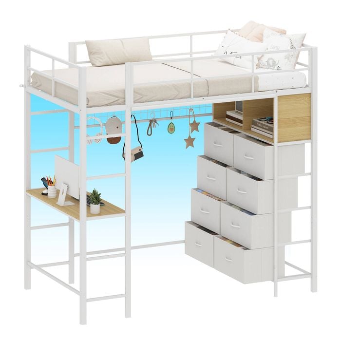 Ufurniture Loft Bed with Power Outlet, Single LED Bunk Bed with Desk & Storage, Heavy Duty Metal Bed Frame, White