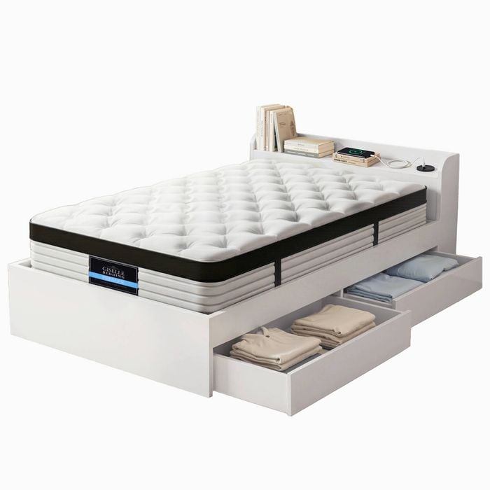 Giselle Single Mattress Pocket Spring With Artiss Wooden Storage Bed Frame Set