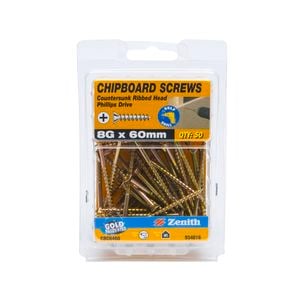 Zenith 8G x 60mm Countersunk Rib Head Chipboard Screws - 50 Pack